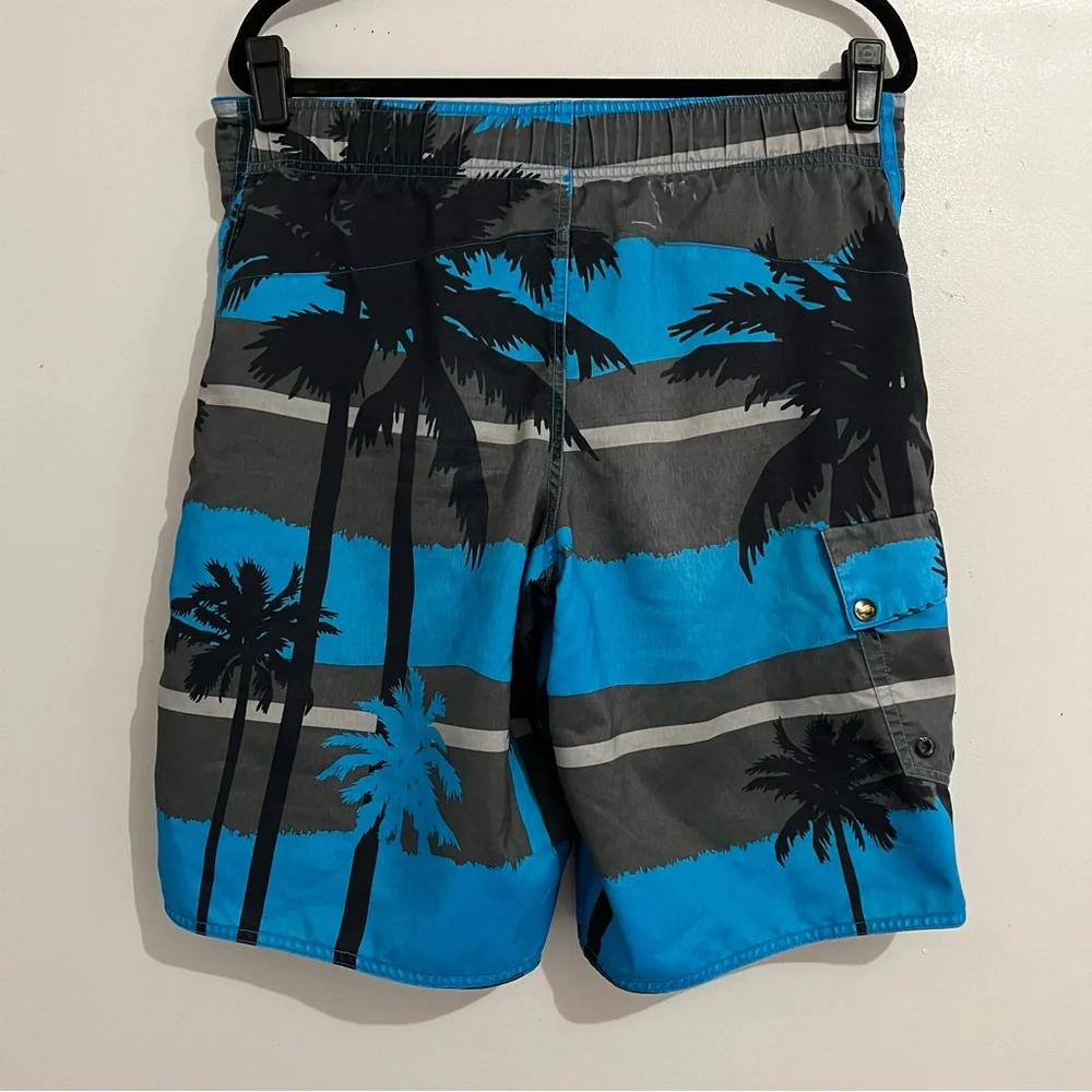 Tony Hawk Blue and Black Board Shorts with Palm Tree Design Medium swim trunks
